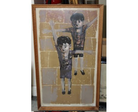 R. BILLIEL ? (XX).  'Children Waving', signed lower right, dated '57, print in colours, framed and glazed, 68 x 38 cm
