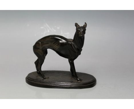 A SMALL BRONZE MODEL OF A DOG,  possibly a Pinscher? on plinth, W 12.5 cm