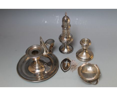 A COLLECTION OF HALLMARKED SILVER AND PLATED WARE CONSISTING OF A CASTOR,  a hallmarked silver squat candlestick - Birmingham