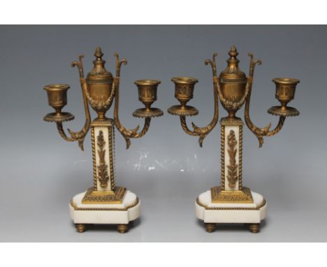 A PAIR OF ORMOLU AND WHITE MARBLE CANDELABRA,  circa 1870, H 27.5 cm (2)
