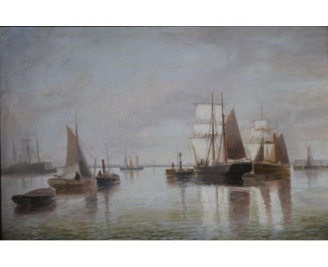 JAMES WEST (XIX - XX).  Seascape with ships, signed lower right, oil on canvas, gilt framed, 50 x 75 cm