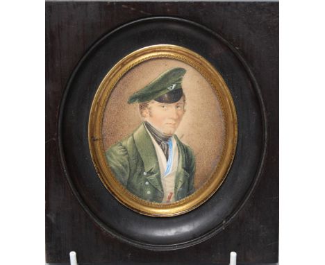 A NINETEENTH CENTURY OVAL PORTRAIT MINIATURE OF YOUNG GENTLEMAN, wearing a cap with a bugle insignia, unsigned, watercolour, 