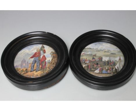TWO PRATTWARE POT LIDS, both in ebonised circular frames, rifle contest Wimbledon Common 1868 and Garibaldi, Dia 15 cm