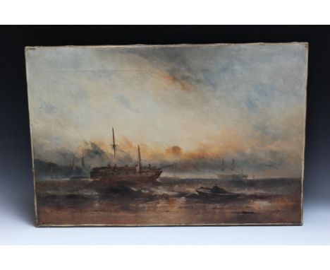 ENGLISH SCHOOL (XIX). Seascape with sailing ships, signed lower right but indistinct, oil on canvas, unframed, 51 x 76 cm