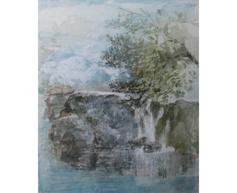 MYLES BIRKET FOSTER (1825 - 1899).  Rocky river scene with waterfall (from a sketch book - see verso), unsigned, watercolour,