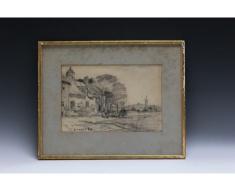 ENGLISH SCHOOL. Village scene with figures seated on a bench, bears signature lower left 'Constable R.A', pencil drawing, fra
