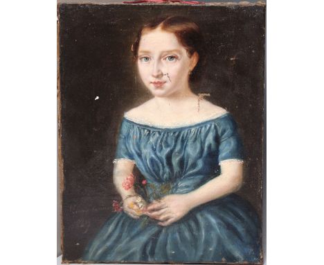 EMMA CASSERE.  Portrait study of a seated young girl with a posy of flowers, signed and dated 1829 lower left, oil on canvas,