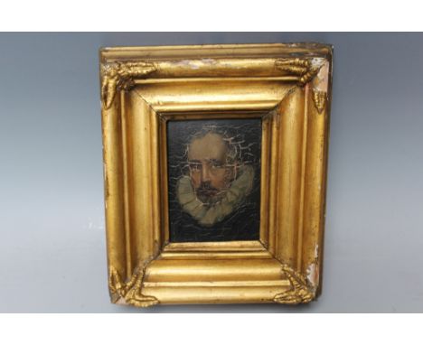 AN EARLY PORTRAIT STUDY OF A BEARDED GENTLEMAN WEARING A RUFF, unsigned, oil on panel, framed, 11 x 8 cm