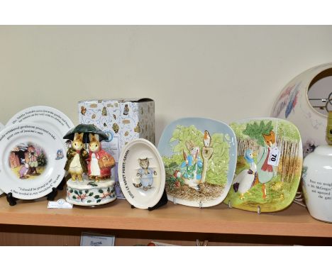 A GROUP OF BEATRIX POTTER RELATED PLATES, LAMP, ETC, comprising two Beswick plaques Jemima Puddle-duck with Foxy Whiskered Ge