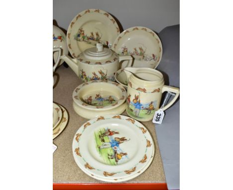 EIGHT PIECES OF ROYAL DOULTON BUNNYKINS EARTHENWARE TABLEWARES OF SCENES BY BARBARA VERNON, comprising five pieces Game of Go