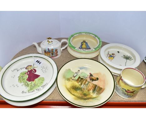 A GROUP OF ROYAL DOULTON NURSERY WARES, comprising three baby plates  Nursery Rhyme B 'Little Bo Peep' D3083, overall diamete