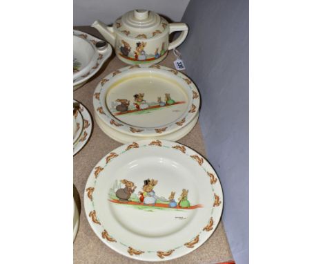 THREE PIECES OF ROYAL DOULTON BUNNYKINS EARTHENWARE TABLEWARES OF WEDDING SCENE DESIGNED BY BARBARA VERNON, LFd comprising Ca