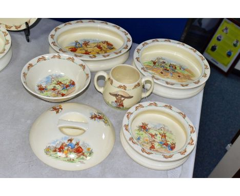 SIX PIECES OF ROYAL DOULTON BUNNYKINS EARTHENWARE TABLEWARES, DESIGNED BY BARBARA VERNON AND WALTER HAYWARD, comprising Cuddl