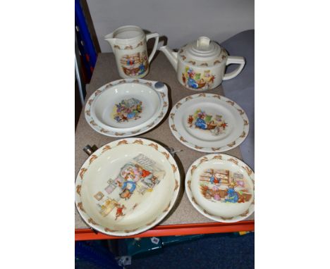 SIX PIECES OF ROYAL DOULTON BUNNYKINS EARTHENWARE TABLEWARES DESIGNS BY BARBARA VERNON AND WALTER HAYWARD, comprising a hot w