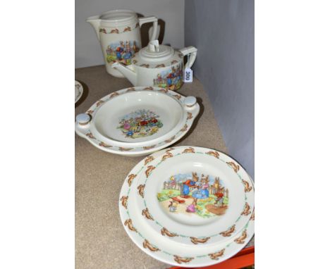 FIVE PIECES OF ROYAL DOULTON BUNNYKINS EARTHENWARE TABLEWARE, designed by Walter Hayward after Barbara Vernon, comprising fou