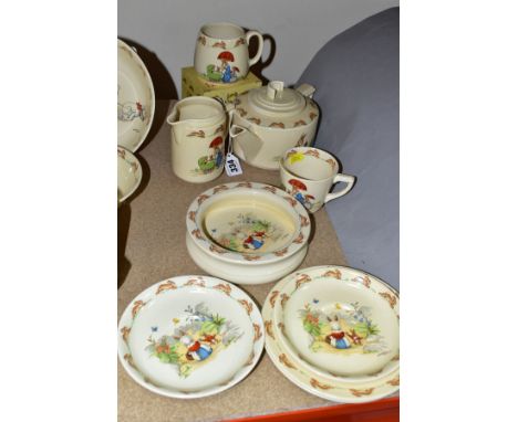 NINE PIECES OF ROYAL DOULTON BUNNYKINS EARTHENWARE TABLEWARES OF SCENES BY BARBARA VERNON, comprising three pieces Family wit