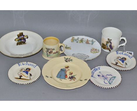EIGHT PIECES OF ASSORTED VINTAGE NURSERY CERAMICS, comprising three Poole pottery plates painted with names and Ride a Cock H