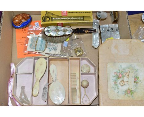 A BOX OF COLLECTABLE ITEMS, ETC,  comprising a boxed dolls nursery set (missing one powder pot), a Limoges patch box in the f