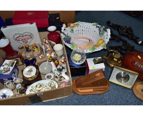 A BOX AND LOOSE CERAMICS, GLASS, MISCELLANEOUS etc, to include leather 'Rugby  Polo Boot' ball, a brass wall mounted bell, th