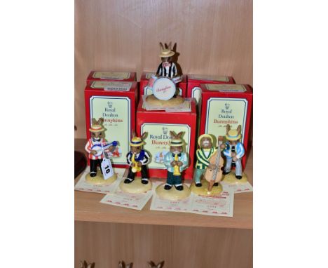 A BOXED SET OF SIX ROYAL DOULTON LIMITED EDITION BUNNYKINS JAZZ BAND COLLECTION FIGURES, comprising Banjo Player DB182, no 50