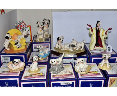 ELEVEN BOXED ROYAL DOULTON DISNEYS 101 DALMATIANS FIGURES, comprising Cruella De Vil DM1, Penny DM2, Penny and Freckles DM3, 