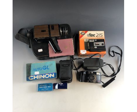 Vintage cameras including a Chinon 670 and Auto G. L, a Disc 215, an Olympus Infinity Zoom 200, a Kodak Advantix, and a Kodak