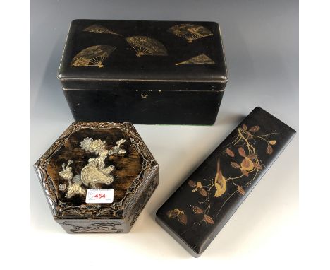 A Meiji Japanese black-lacquered two compartment tea caddy, a glove box and Shibayama box 