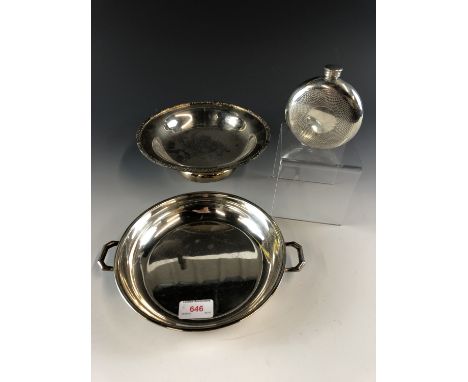 An electroplate hip flask and two dishes