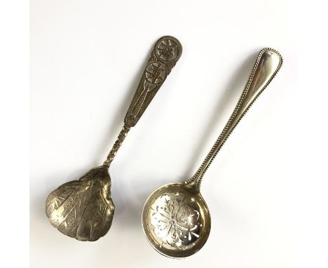 An Edwardian silver bead-pattern dredging spoon, Charles Boyton, London, 1901, 36.3g, and a Chinese electroplate caddy spoon 