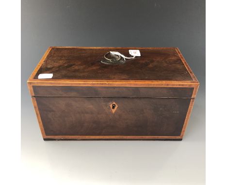 A George III string inlaid and cross-banded mahogany three compartment tea caddy