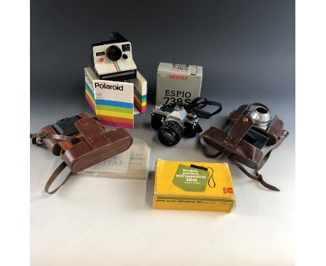 Vintage cameras including Nettar, Balda-Werk Bunde, Pentax ME Super, Kodak Pocket Instamatic 300, Pentax Espio 738S, and Pola