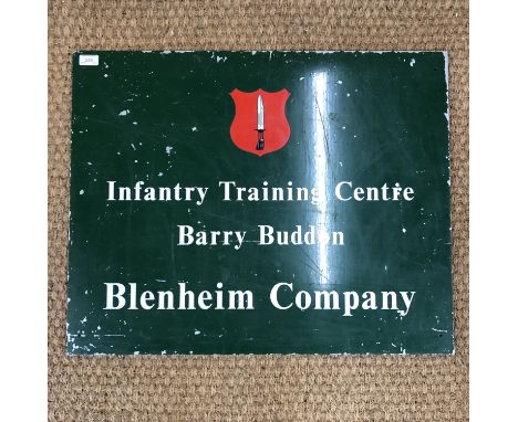 An enamel sign "Infantry Training Centre, Barry Buddow Blenheim Company", 76 x 61 cm