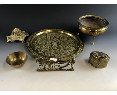 A brass tray, inkwell and bowl etc