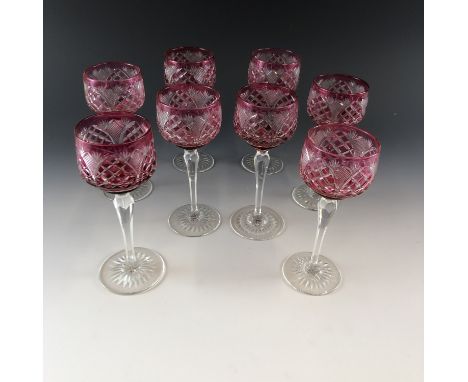 Eight ruby-flashed and wheel cut hock / wine glasses