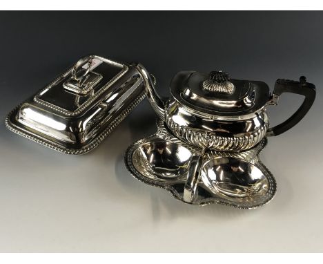 A Victorian EPBM Georgian-shape teapot, together with an entree dish and an hors d'oeuvres dish