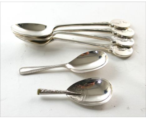 A matched set of four silver spoons, H H Plante, Sheffield 1937 & 1938 and Birmingham 1933, with rat-tail bowls and a stork c