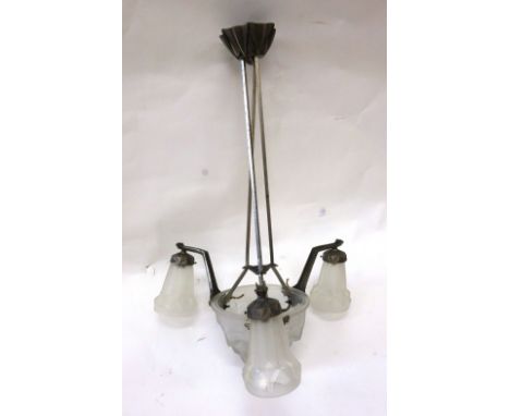 Degue; an Art Deco nickel bronze and frosted glass hanging light fitting, the central bowl with three arms and shades, suspen