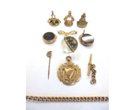 A collection of jewellery, comprising; five Victorian and later gold mounted fob seals and spinners set with various stones i