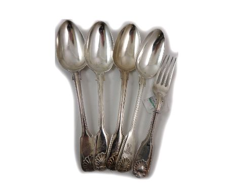 Four Victorian silver fiddle, thread and shell pattern tablespoons, varying makers, London 1848, 1849 & 1870 and a similar ta