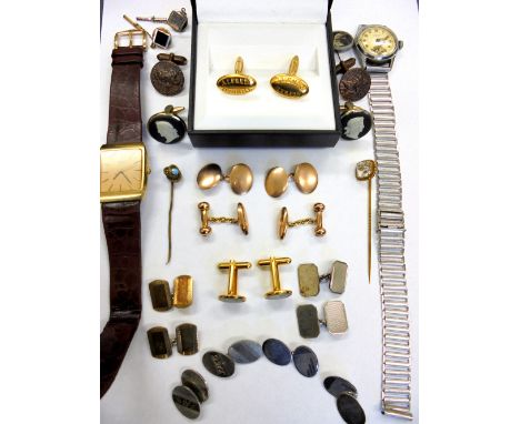 A collection of gold cufflinks and other jewellery, comprising; a pair of 9ct rose gold oval twin panel cufflinks with chain 