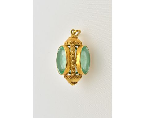 An Italian gold and synthetic spinel pendant, the three oval mixed cut pale green stones collet set within a bead and wirewor