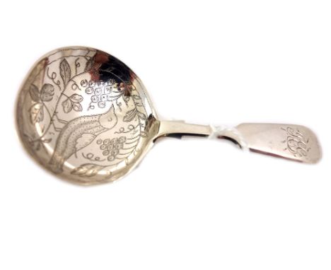 A William IV fiddle pattern silver caddy spoon, James Henry Daniel, London 1835, the bowl engraved with a bird amongst fruiti