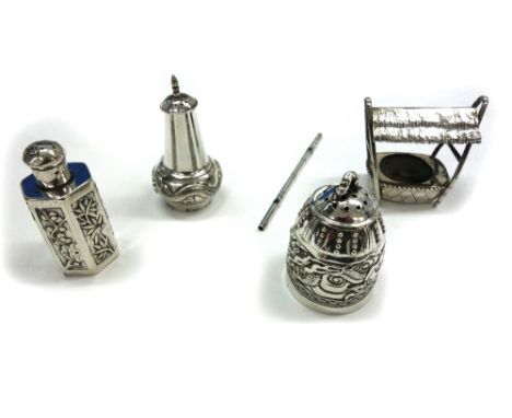 Three Chinese silver pepperettes, first half 20th century, one hexagonal, the sides embossed with bamboo and flowering branch