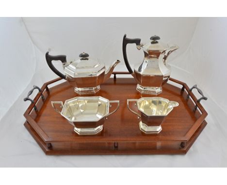 An Art Deco four piece silver tea service, Emile Viner, Sheffield 1938, of octagonal form, on stepped spreading bases, 48ozs,