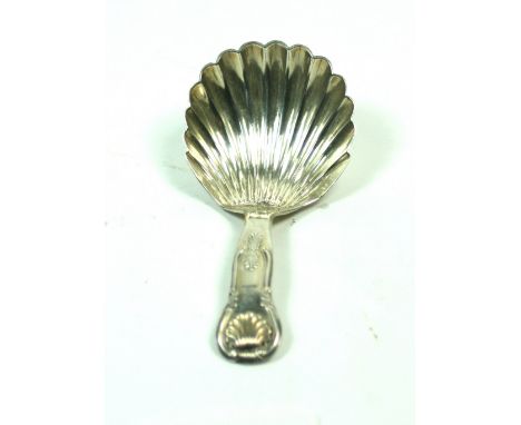 A George IV Scottish silver kings pattern caddy spoon, J MacKay, Edinburgh 1828, with scallop shell bowl, crest and contempor