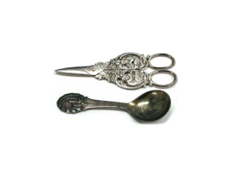 A pair of ornate Continental grape scissors, early 20th century, cast with bacchanalian figures and fruiting vines, 14cm acro
