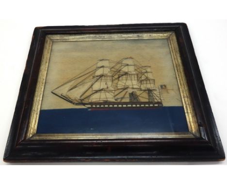 A wool-work picture of a sail and steam powered square rigged Royal Long ship, first half 19th century, 25cm x 29cm.