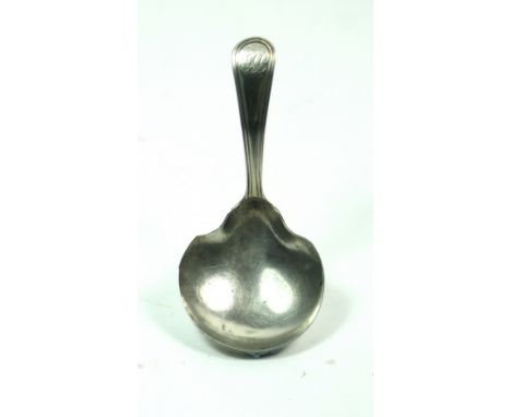 A George III silver Old English thread pattern caddy spoon, John Wren, London 1808, with apple shape bowl, contemporary monog