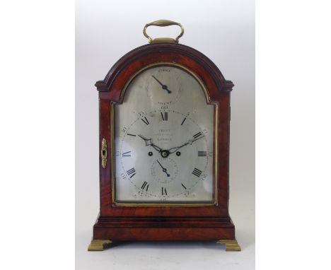 Grant, Fleet Street London No 360:  a George III mahogany brass mounted bracket clock, the moulded arched top with a hinged b