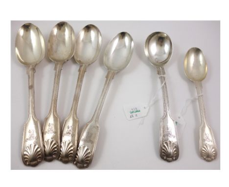 A set of four Victorian silver fiddle, thread and shell pattern tablespoons and a dessert spoon, Elkington & Co, Birmingham 1